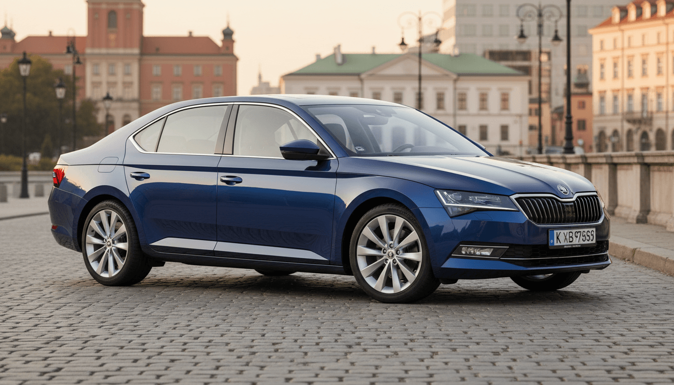 2020 Skoda Superb sedan with leather interior parked in Warsaw