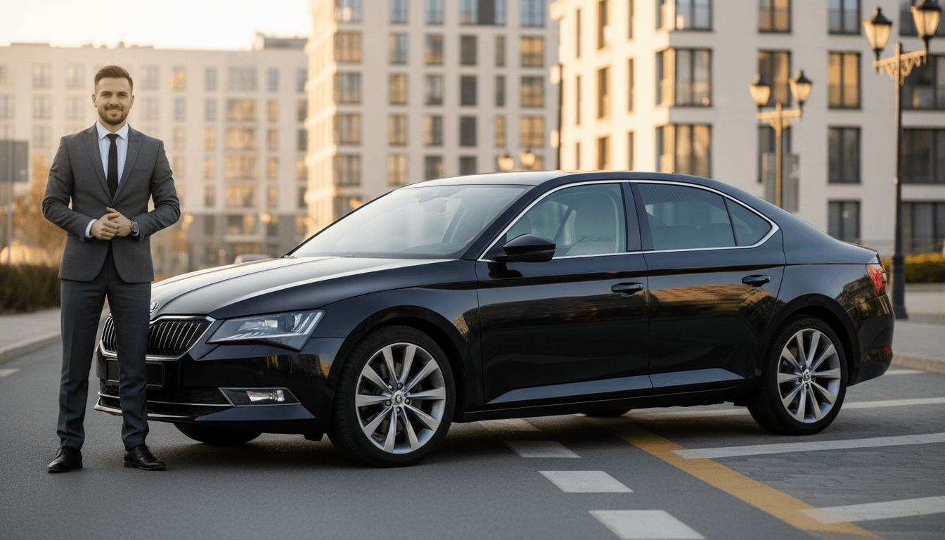 Skoda Superb sedan with professional driver on a Warsaw street during golden hour