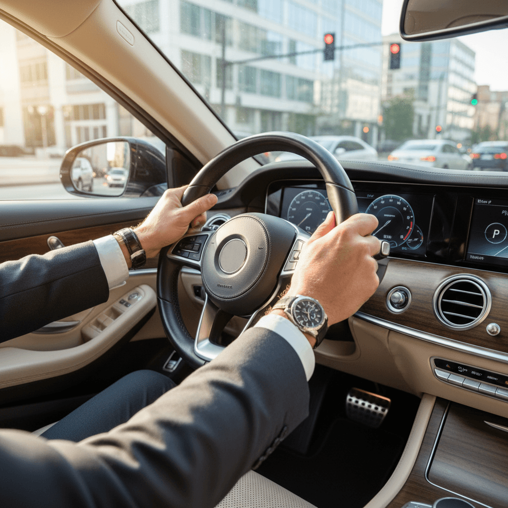 Experienced driver at steering wheel demonstrating professional taxi service