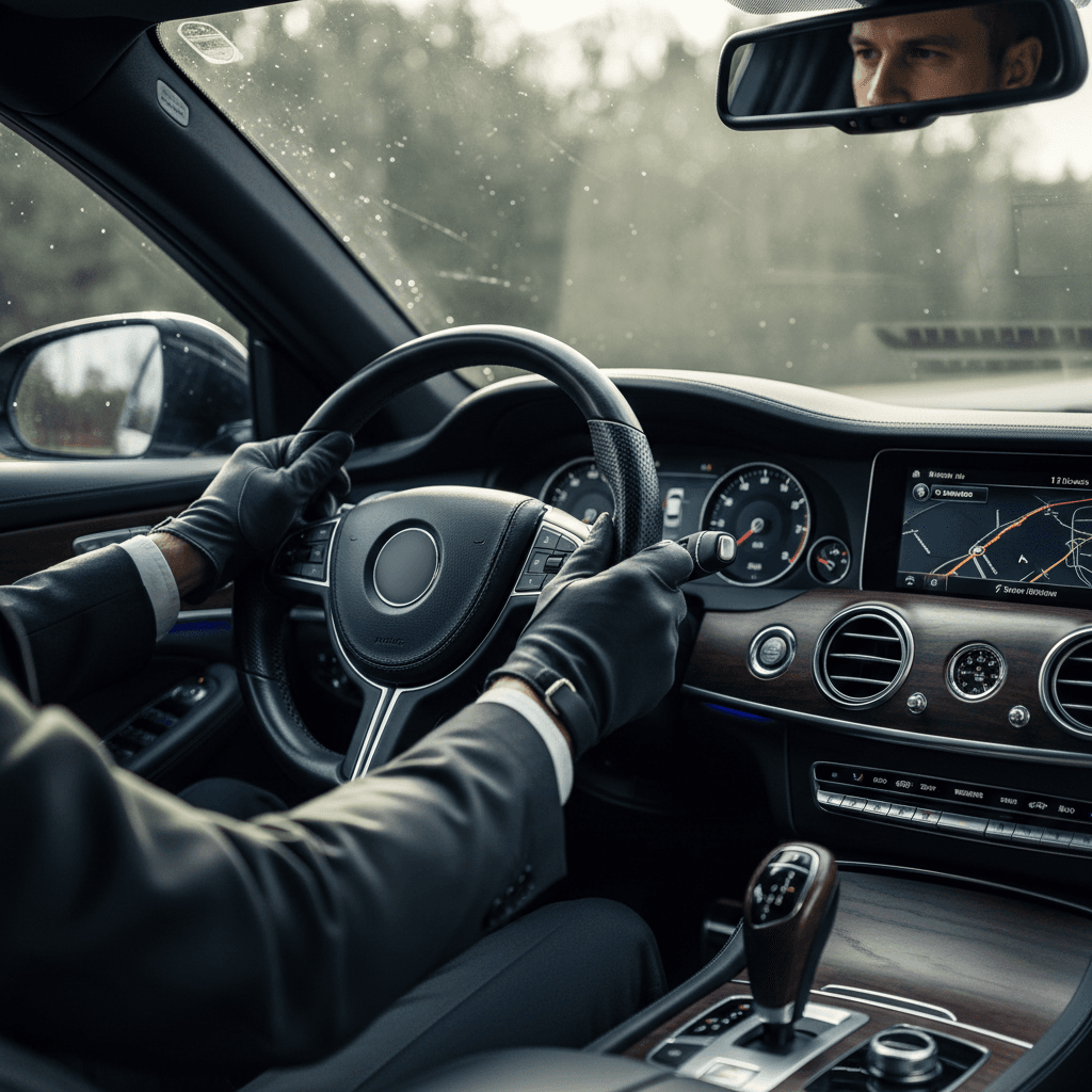 Professional driver's hands on steering wheel of luxury Skoda Superb sedan